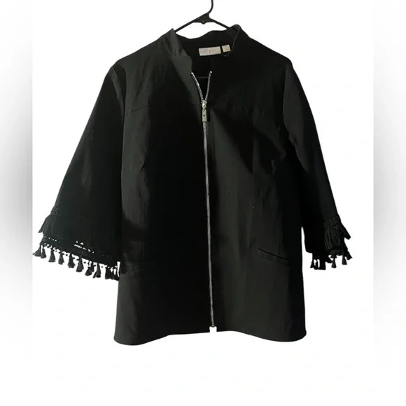 Belle by Kim Gravell boho work career Black zip jacket 3/4 sleeve tassels Large - Picture 2 of 12